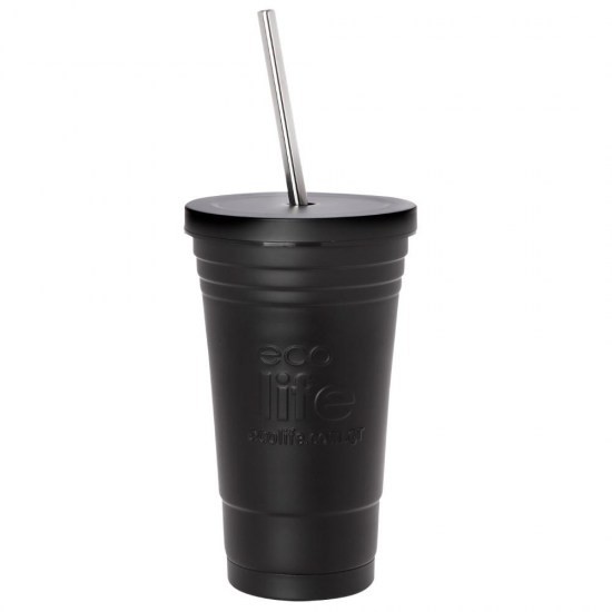 Θερμός Ποτήρι Eco Life Με Ανοξείδωτο Καλαμάκι Mat Black 480ml