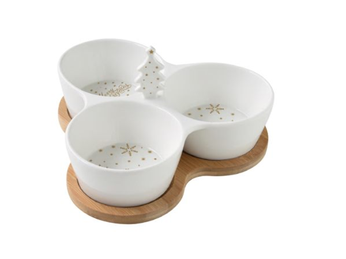 Ορντεβιέρα 3θέσεων Πορσελάνης Golden Christmas Με Bamboo Βάση R2S