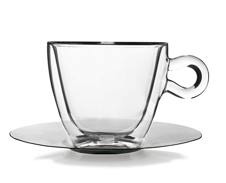 φλυτζάνα cappuccino με διπλό τοίχωμα και ανοξείδωτο πιατάκι luigi bormioli